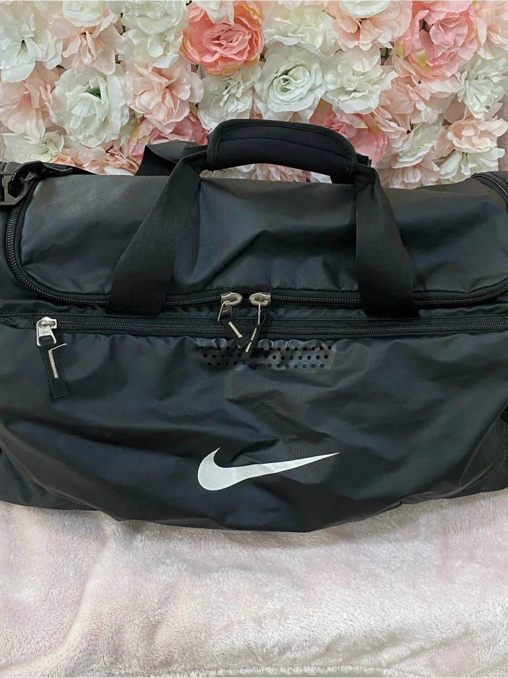 Nike Black Duffle Bag with White Swoosh